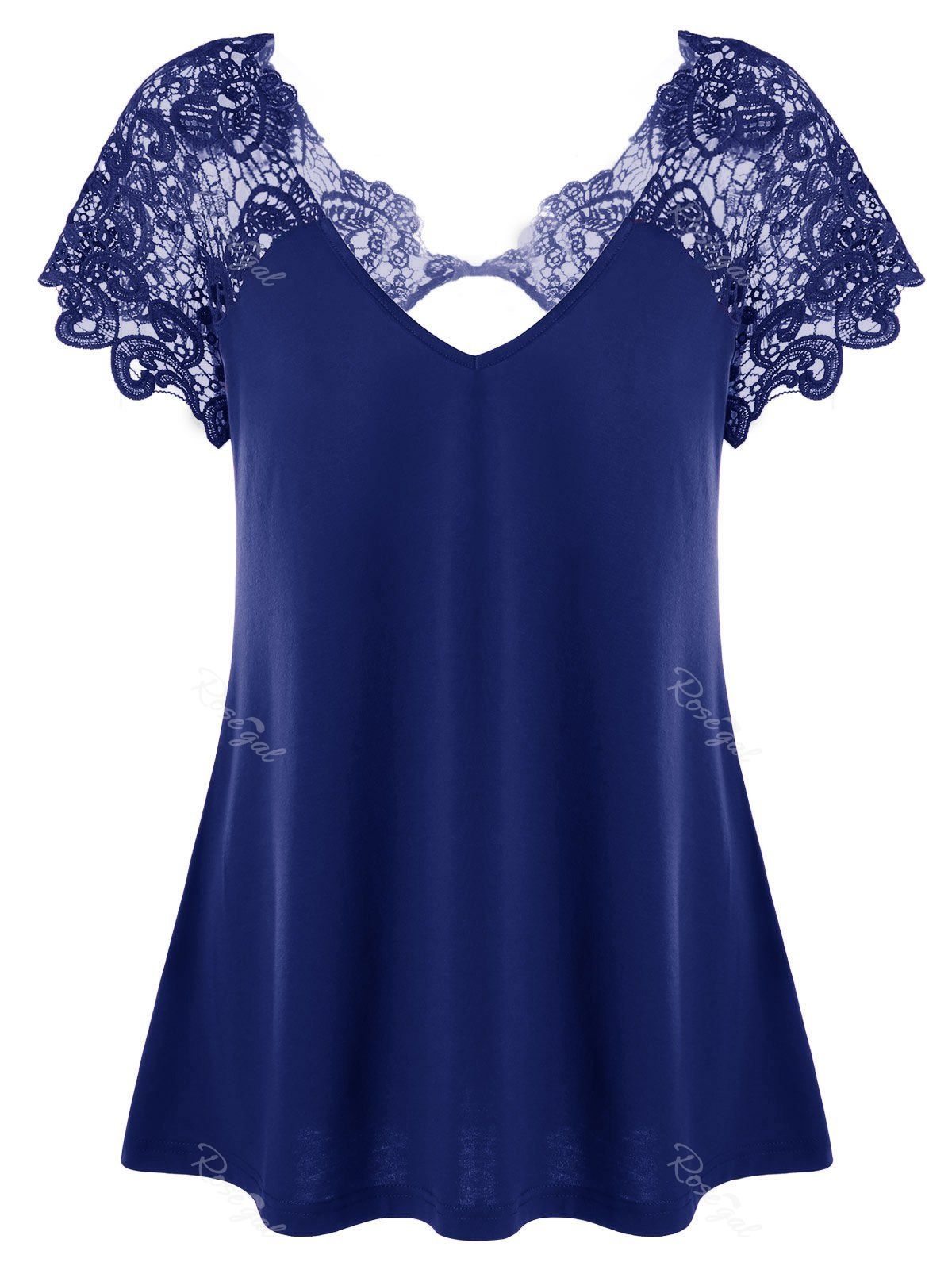 V Neck Plus Size Lace Trim Cutwork T-Shirt, Deep blue 
V Neck Plus Size Lace Trim Cutwork T-Shirt, Deep blue