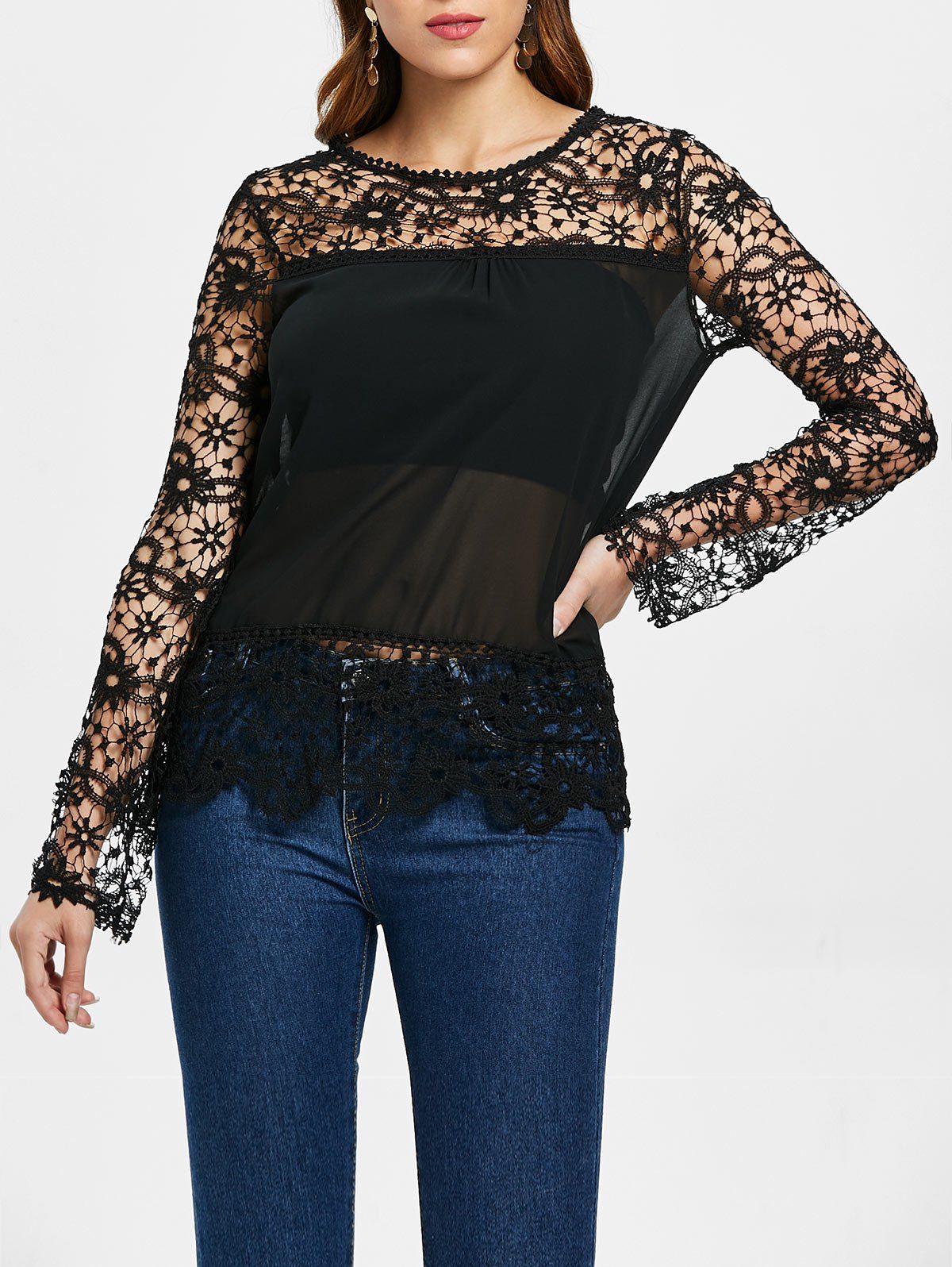

Stylish Round Neck Long Sleeve Spliced Hollow Out Women's Blouse, Black