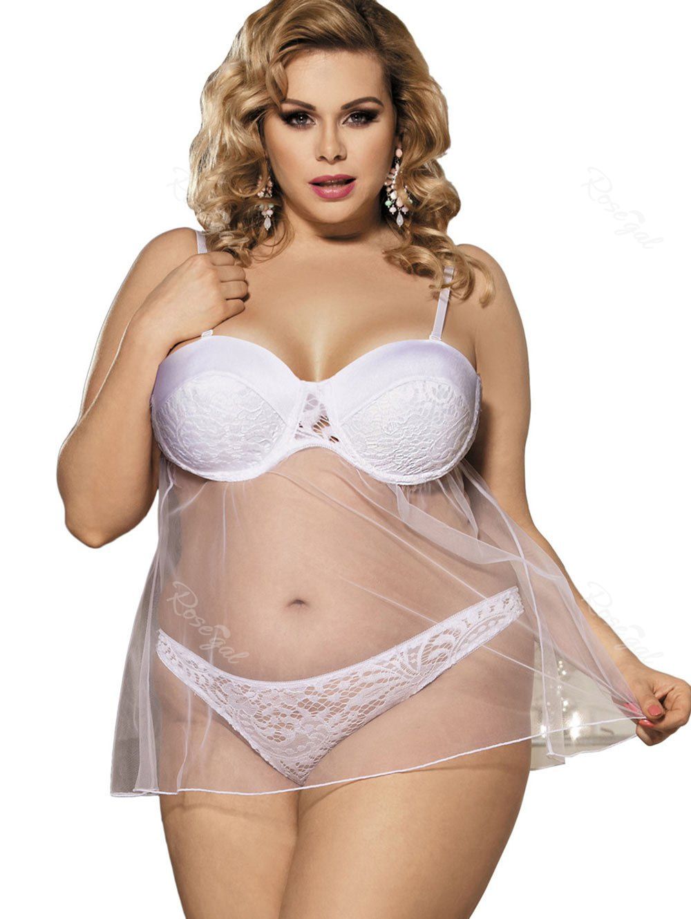 OFF Plus Size Lace Panel Underwire Babydoll Rosegal