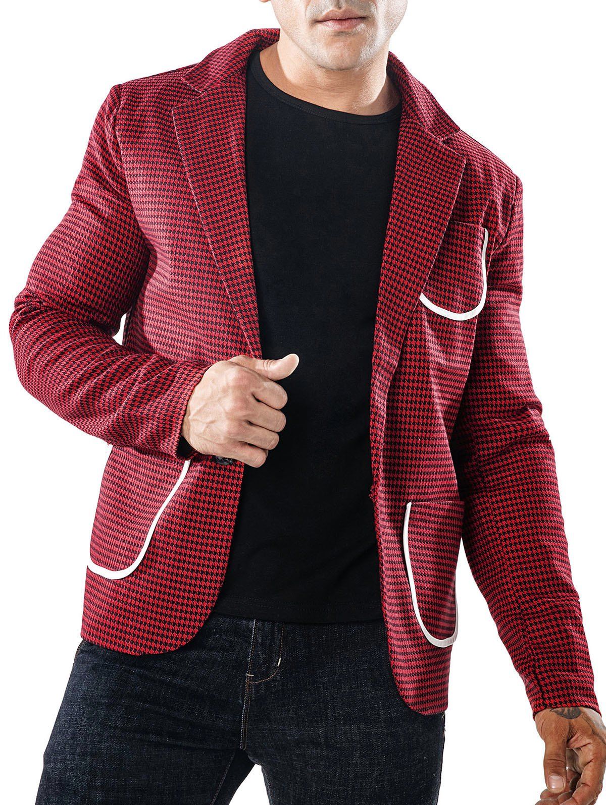 Single Button Bordure Pocket Houndstooth Blazer, Red 
Single Button Bordure Pocket Houndstooth Blazer, Red