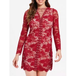 

Full Sleeve Criss Cross Lace Bodycon Dress, Red wine