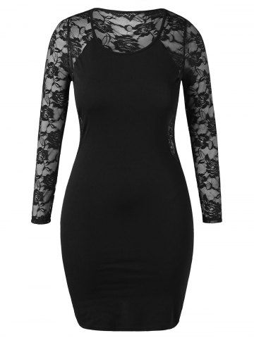 

Plus Size See Through Lace Insert Bodycon Dress, Black
