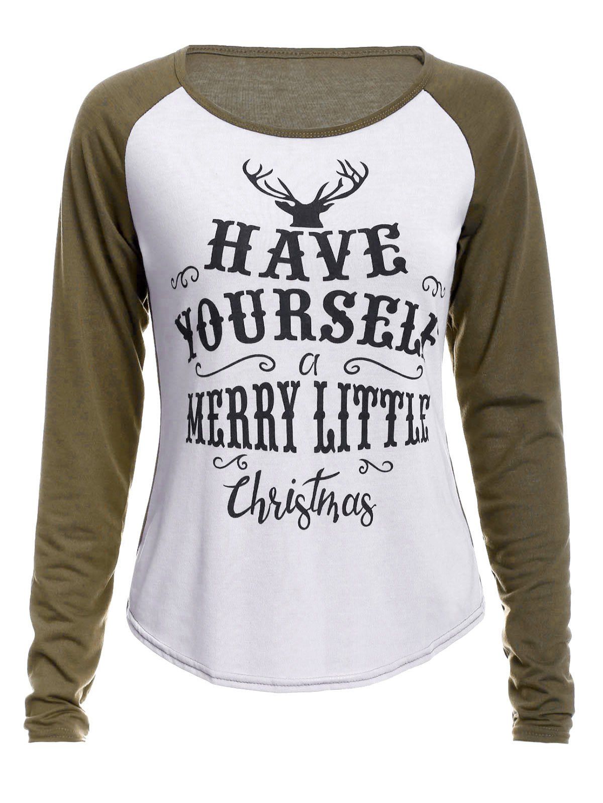

Christmas Scoop Neck Long Sleeve Deer and Letter Pattern T-Shirt For Women, Army green