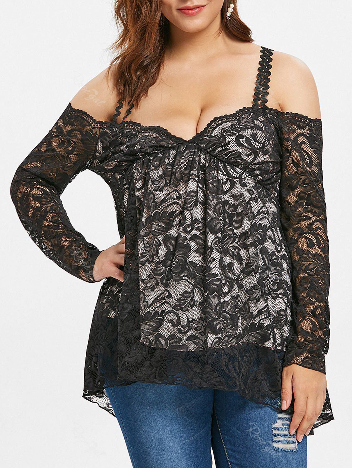 Plus Size Open Shoulder Floral Lace Blouse, Black
Plus Size Open Shoulder Floral Lace Blouse, Black