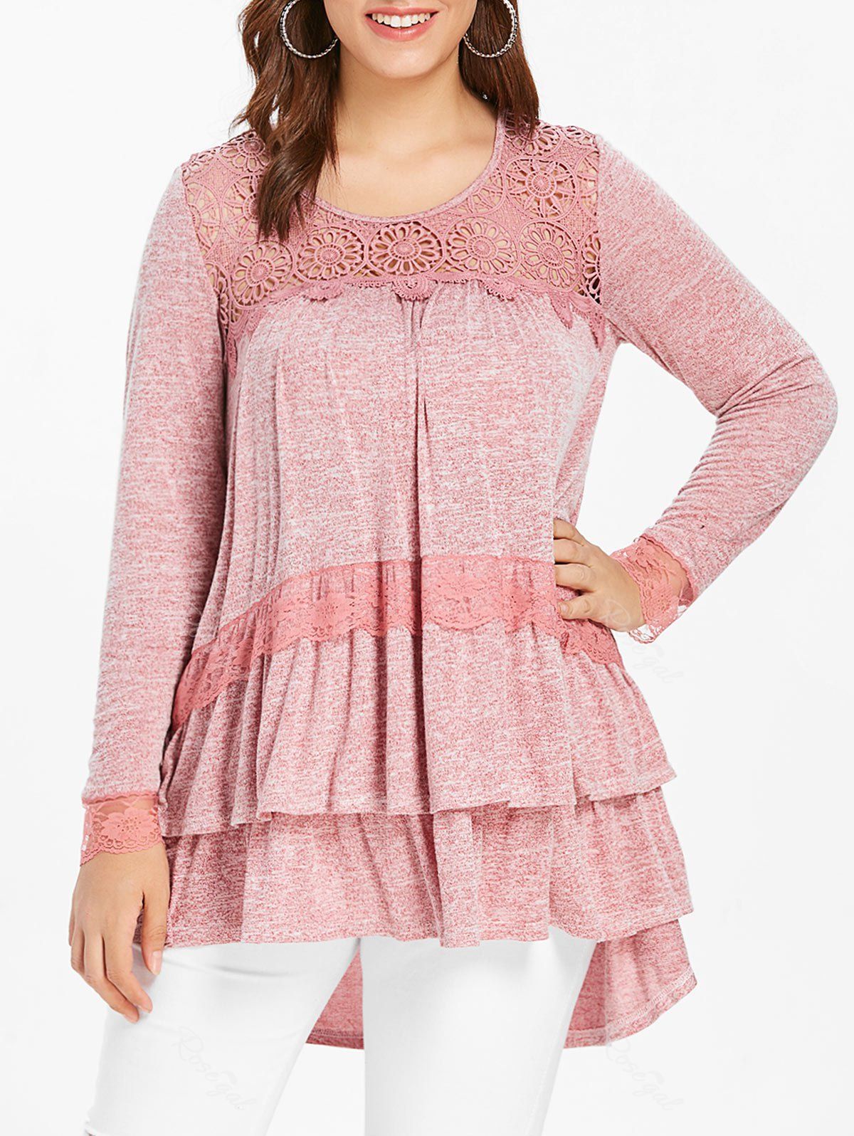 Plus Size Lace Panel Long Sleeve Tiered Top, Pink bow
Plus Size Lace Panel Long Sleeve Tiered Top, Pink bow