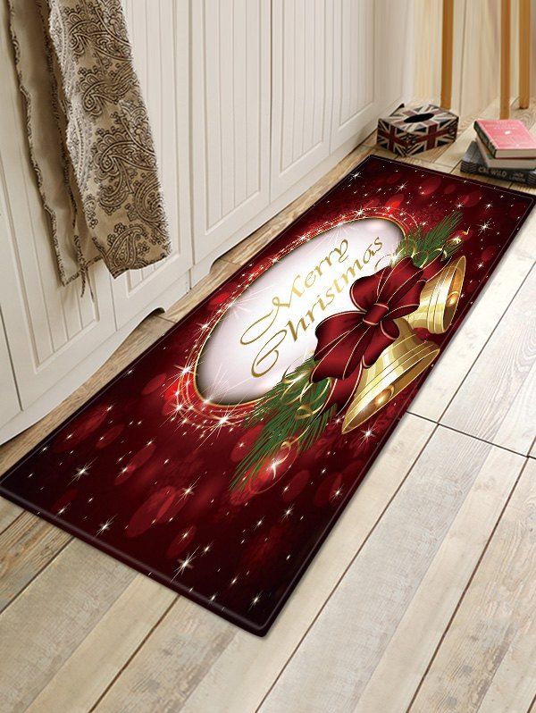 

Christmas Bowknot Bells Pattern Anti-skid Water Absorption Area Rug, Red wine