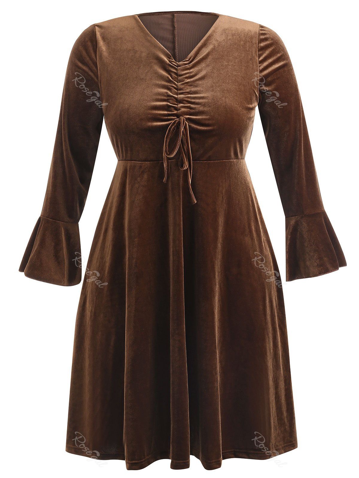 Plus Size Ruched Front Velvet Dress, Brown 
Plus Size Ruched Front Velvet Dress, Brown
