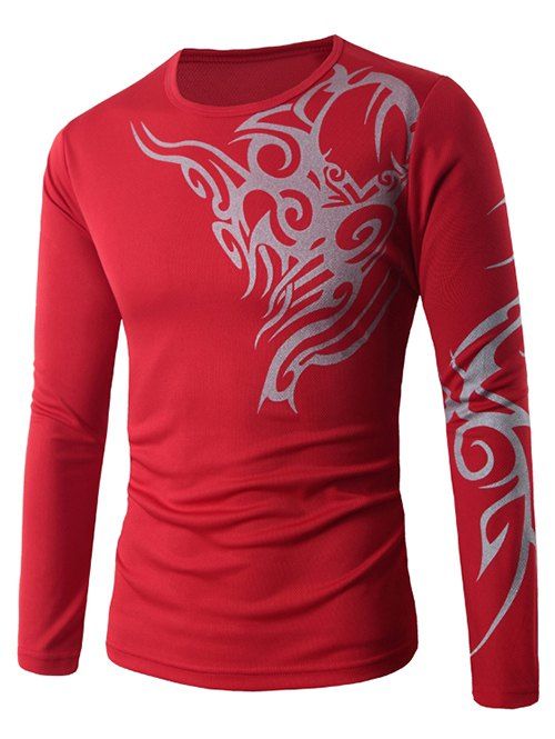Printed Long Sleeve Casual T-shirt, Red