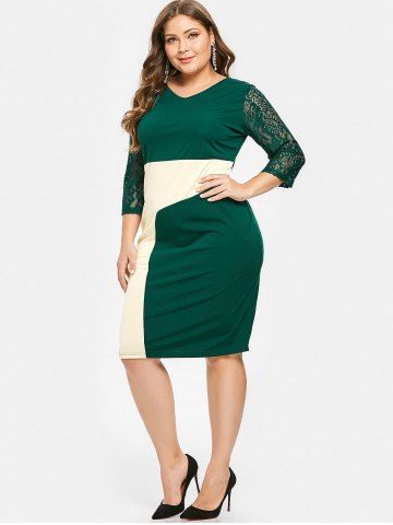 Lace Sleeve Plus Size Color Block Knee Length Dress, Green
Lace Sleeve Plus Size Color Block Knee Length Dress, Green