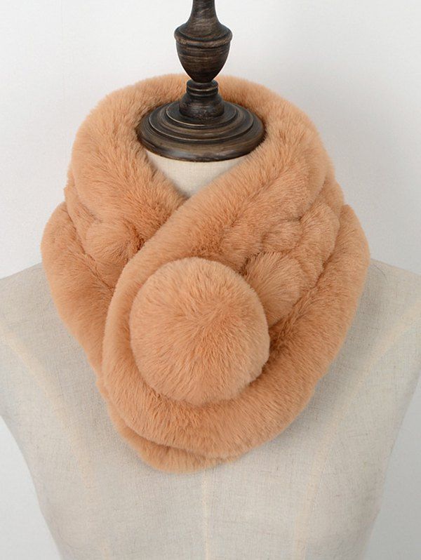 

Fuzzy Ball Embellished Faux Fur Scarf, Khaki