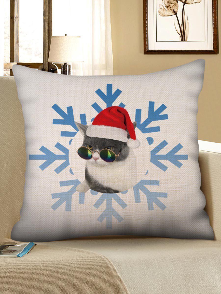 

Christmas Cat Snowflake Print Decorative Linen Pillowcase, Multi