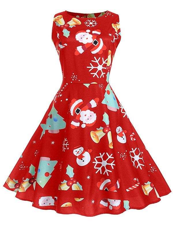 

Vintage Christmas Printed High Waist Dress, Rosso red