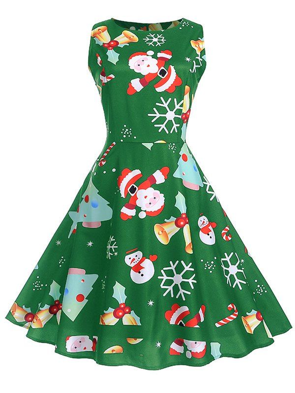 

Vintage Christmas Printed High Waist Dress, Green apple