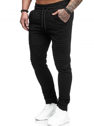 

Pleated Design Biker Fleece Jogger Pants, Black