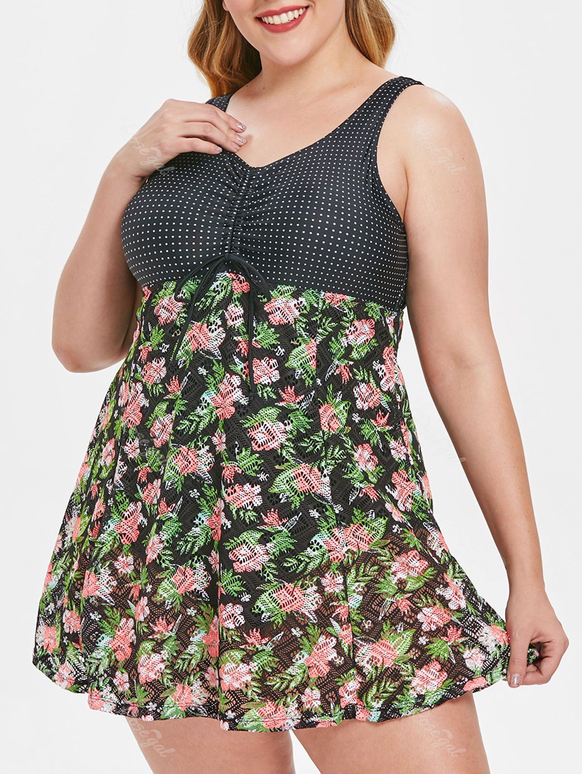 Dotted Panel Plus Size Floral Print Swimwear Off Rosegal