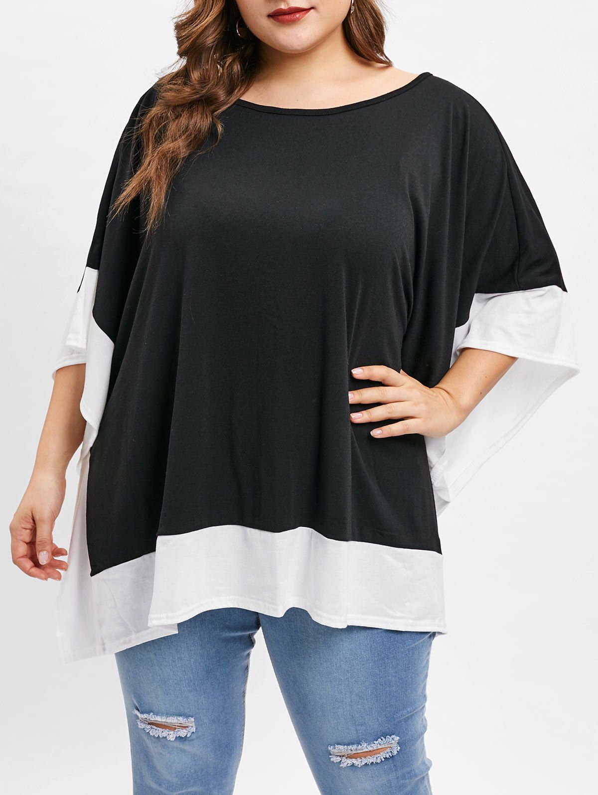 

Plus Size Contrast Trim Batwing Sleeve T-shirt, Black