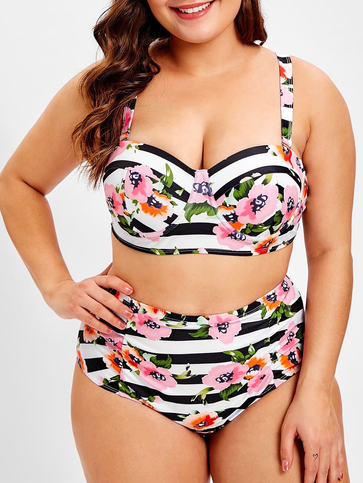 Off Floral And Striped Print Plus Size Underwire Bikini Set Rosegal