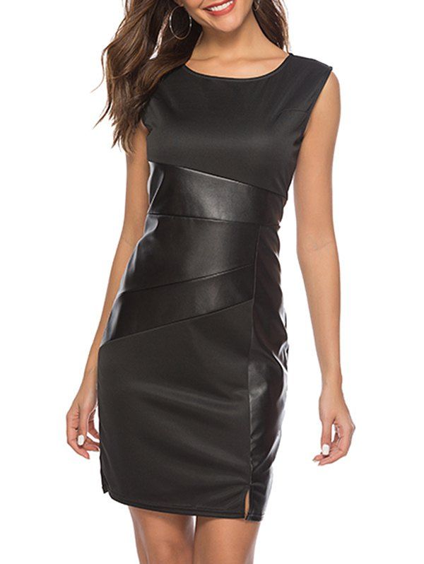 Sleeveless Faux Leather Insert Bodycon Dress, Black
Sleeveless Faux Leather Insert Bodycon Dress, Black