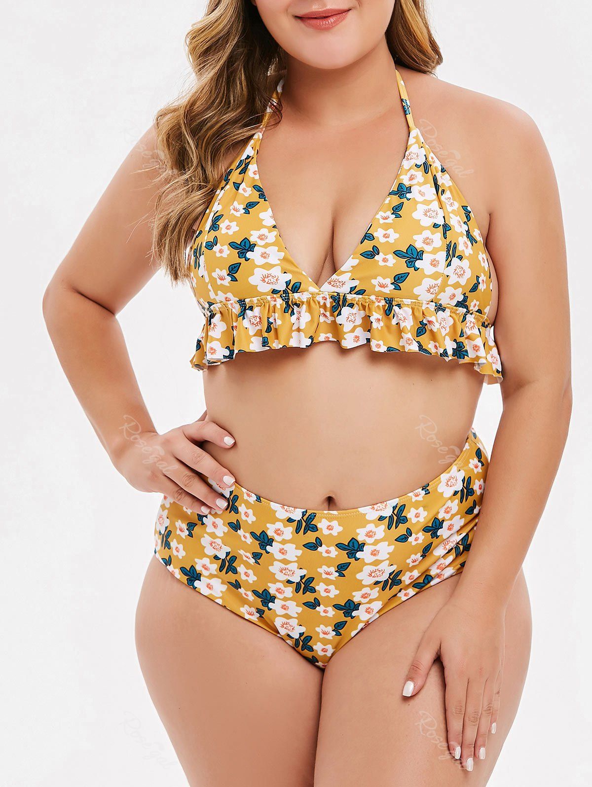 Off Plus Size Low Cut Flounce Floral Bikini Set Rosegal