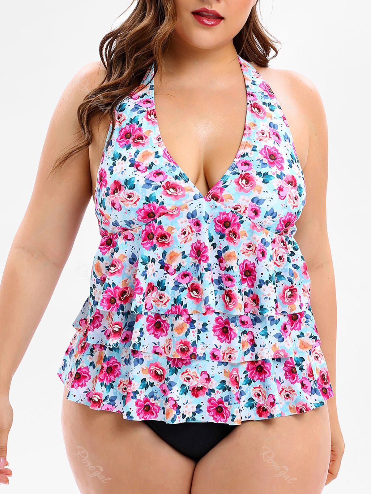 Off Halter Neck Plus Size Layered Ruffle Hem Tankini Set Rosegal