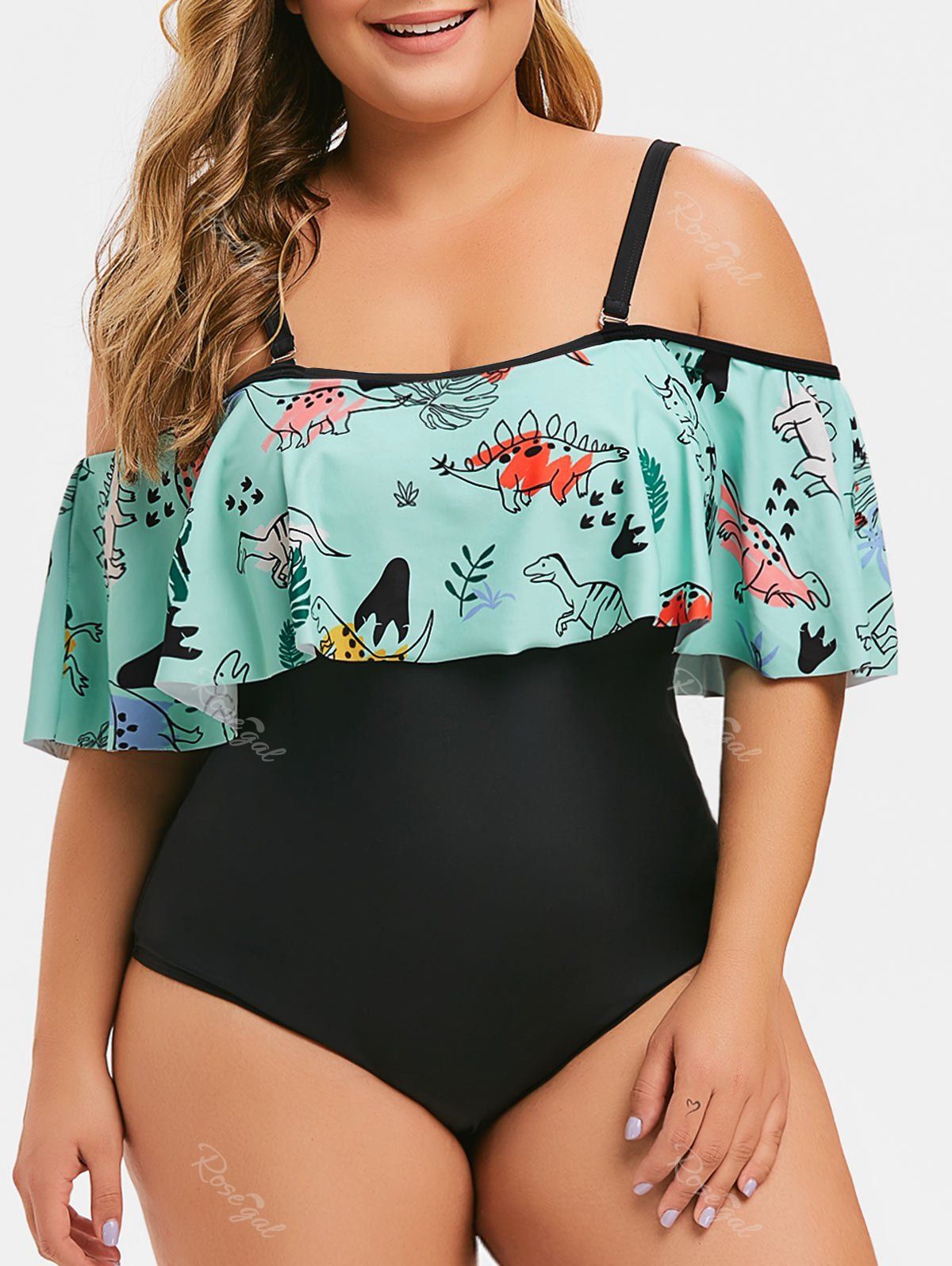 Plus Size Ruffled Dinosaur Print Swimsuit, Mint green 
Plus Size Ruffled Dinosaur Print Swimsuit, Mint green