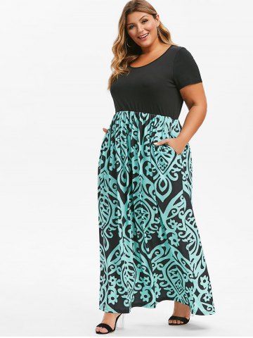 Seam Pockets Printed Maxi Plus Size Dress, Green 
Seam Pockets Printed Maxi Plus Size Dress, Green