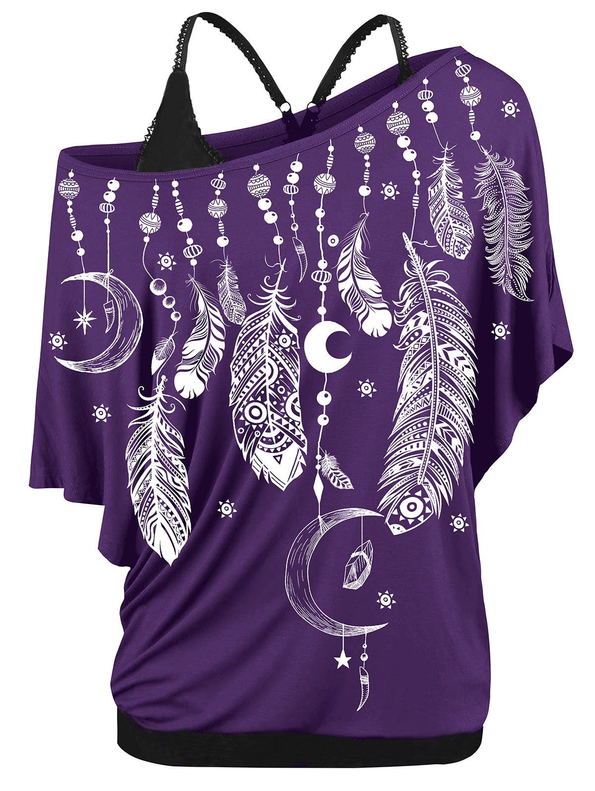 Plus Size Feather Print Skew Neck T-shirt and Tank Top Set, Purple iris
Plus Size Feather Print Skew Neck T-shirt and Tank Top Set, Purple iris