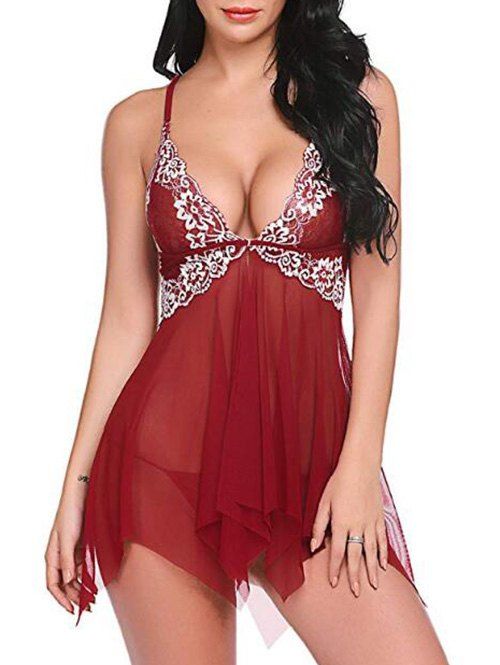 Lace Panel Mesh Handkerchief Babydoll with G-string, Red wine
Lace Panel Mesh Handkerchief Babydoll with G-string, Red wine