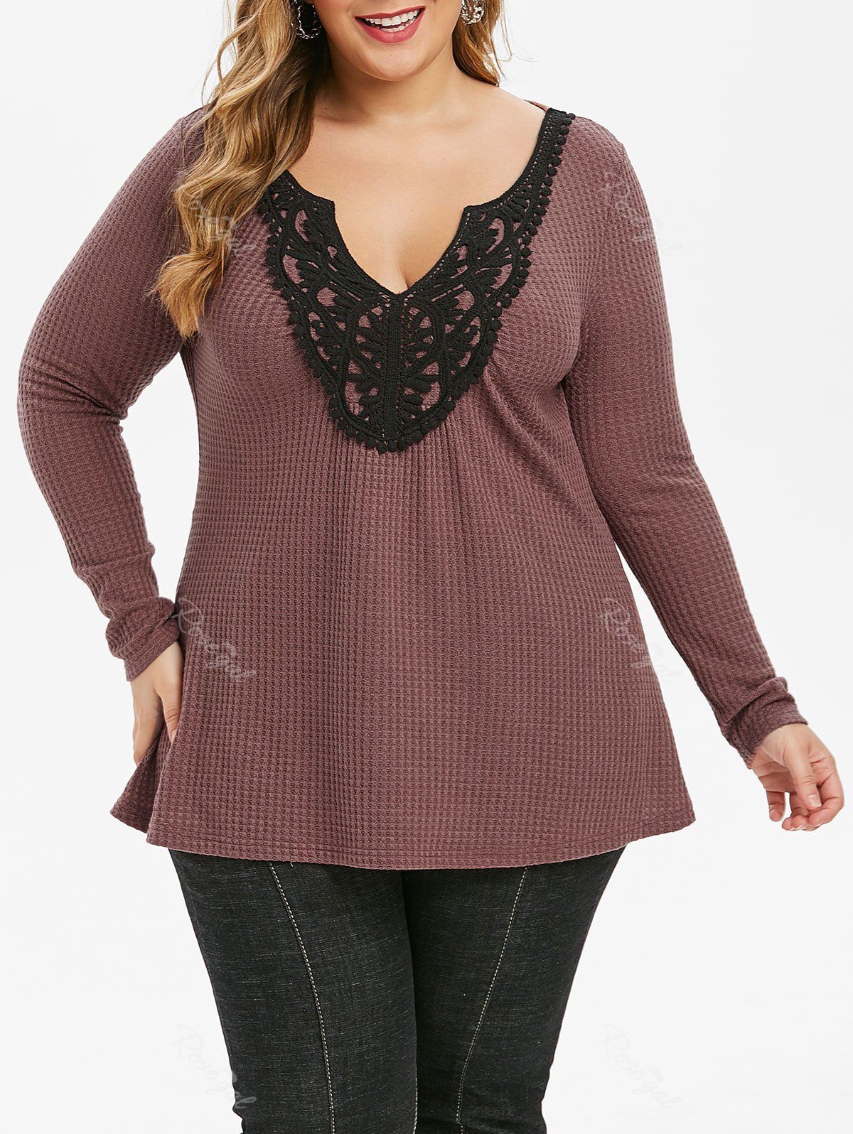 Plus Size Contrast V Neck Applique Sweaters, Rosy brown
Plus Size Contrast V Neck Applique Sweaters, Rosy brown