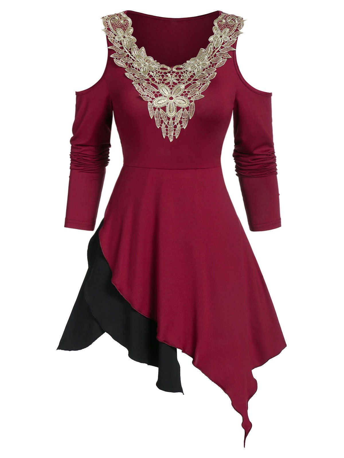 Cold Shoulder Asymmetrical Applique T Shirt, Red wine 
Cold Shoulder Asymmetrical Applique T Shirt, Red wine