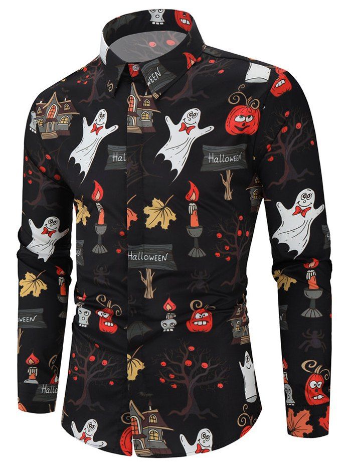 Halloween Cartoon Pumpkin Ghost Tree Leaf Pattern Print Button Shirt, Multi
Halloween Cartoon Pumpkin Ghost Tree Leaf Pattern Print Button Shirt, Multi