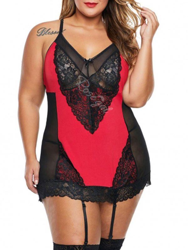 

Plus Size Sheer Lace Panel Garter Babydoll, Lava red