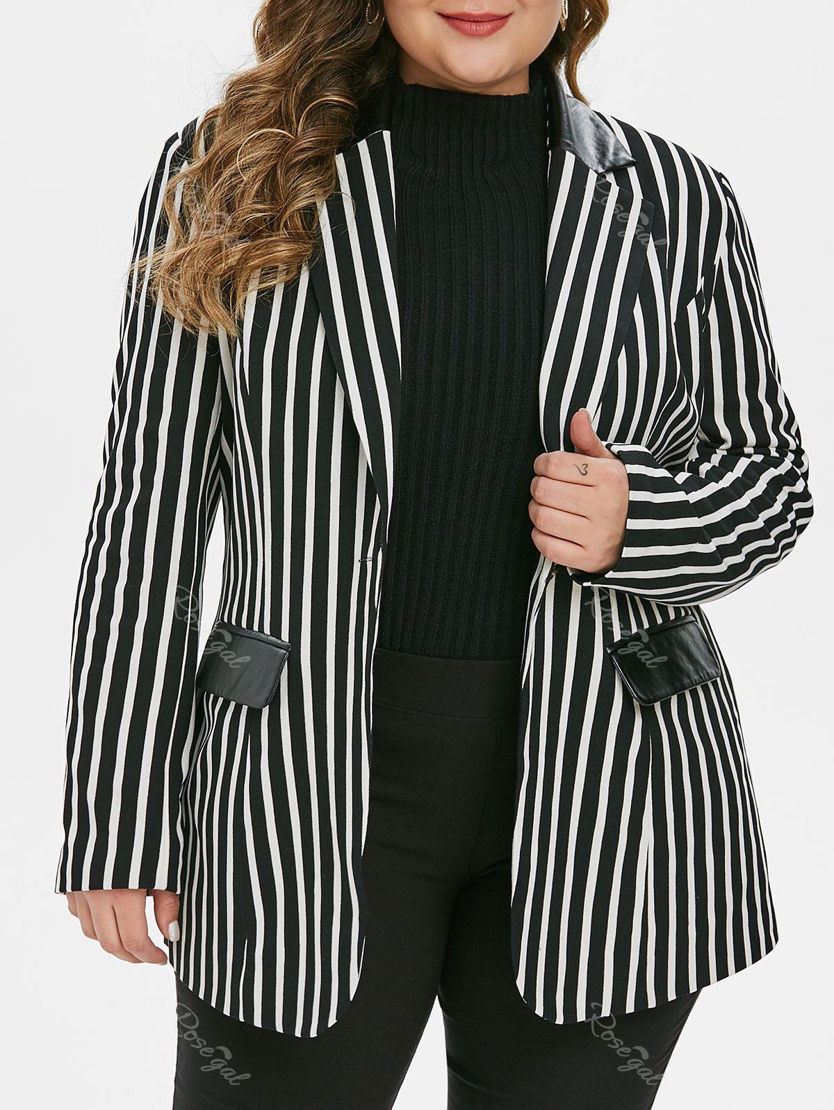 Plus Size Stripe Single Button Blazer, Multi 
Plus Size Stripe Single Button Blazer, Multi