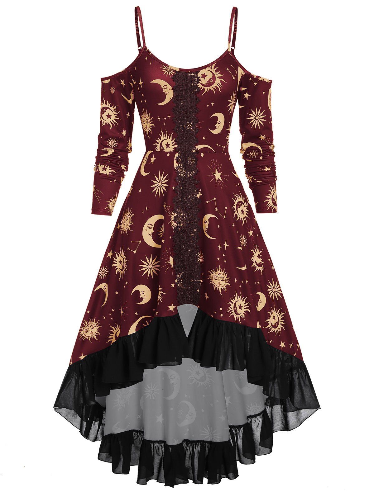 Spaghetti Strap Open Shoulder Sun and Moon Print Gothic Dress, Red wine
Spaghetti Strap Open Shoulder Sun and Moon Print Gothic Dress, Red wine