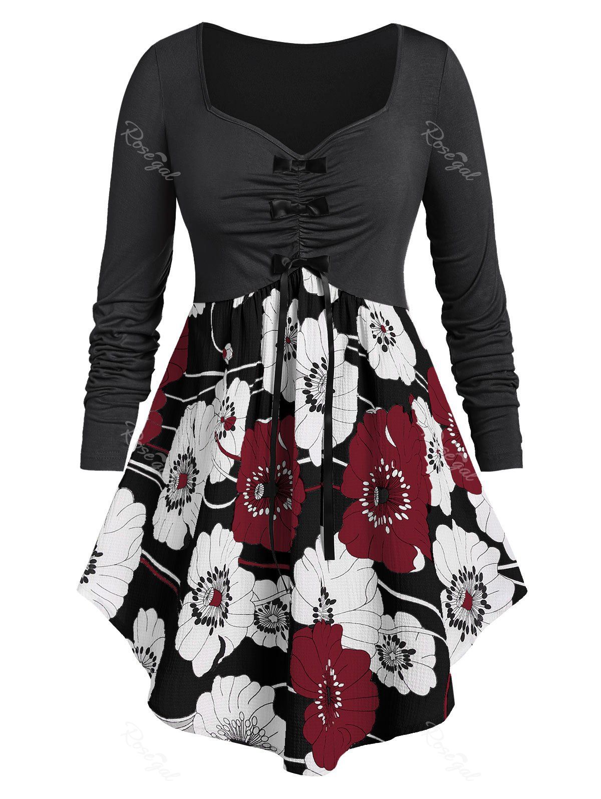 Plus Size Flower Print Asymmetric Bowknot Long Sleeve Tee, Dark slate grey
Plus Size Flower Print Asymmetric Bowknot Long Sleeve Tee, Dark slate grey