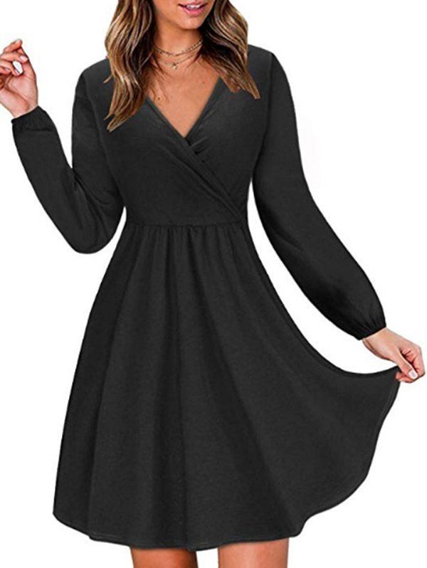 Long Sleeve V Neck Surplice Dress, Black 
Long Sleeve V Neck Surplice Dress, Black