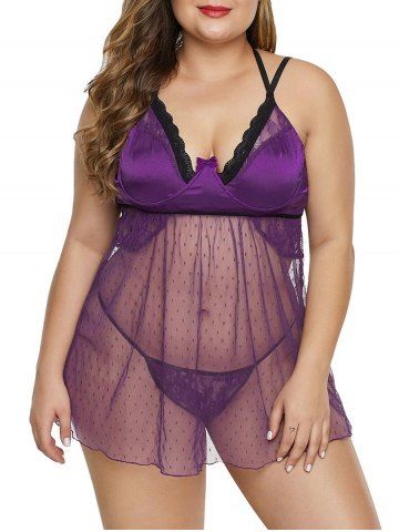 45 OFF Sheer Lace Up Plus Size Lingerie Teddy Rosegal