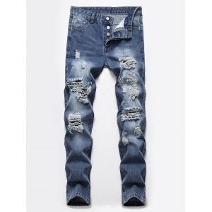 

Destroyed Ripped Button Fly Casual Jeans, Denim dark blue