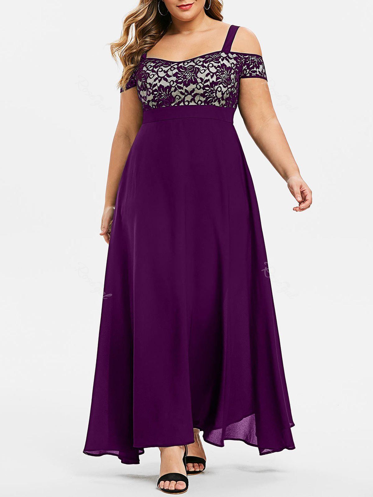 Plus Size Open Shoulder Lace Insert Evening Maxi Dress, Dark orchid 
Plus Size Open Shoulder Lace Insert Evening Maxi Dress, Dark orchid