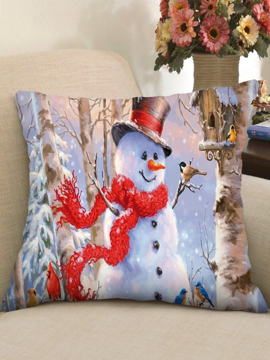 

Christmas Snowman Bird Pattern Pillow Cover, Multi