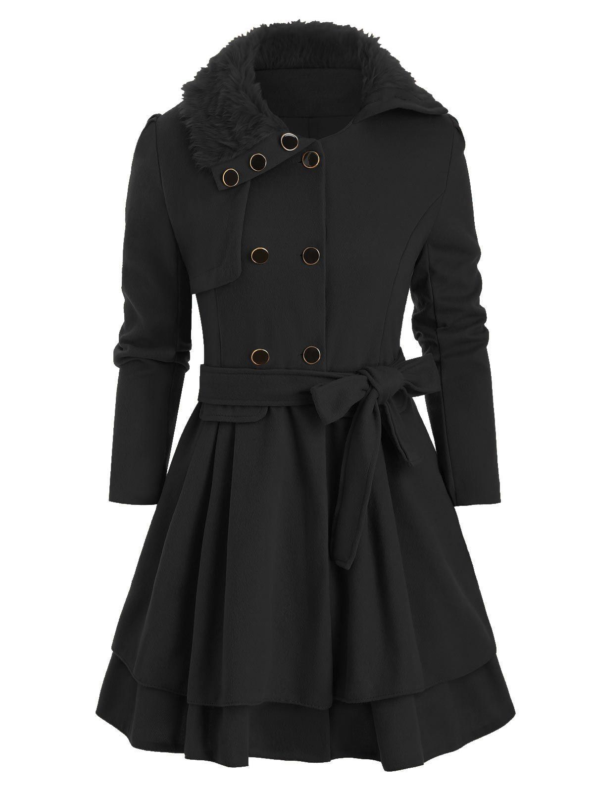 

Faux Fur Collar Double Breasted Belted Wool Blend Coat, Black