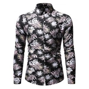 

Floral Leaf Print Button Down Long Sleeve Shirt, Black