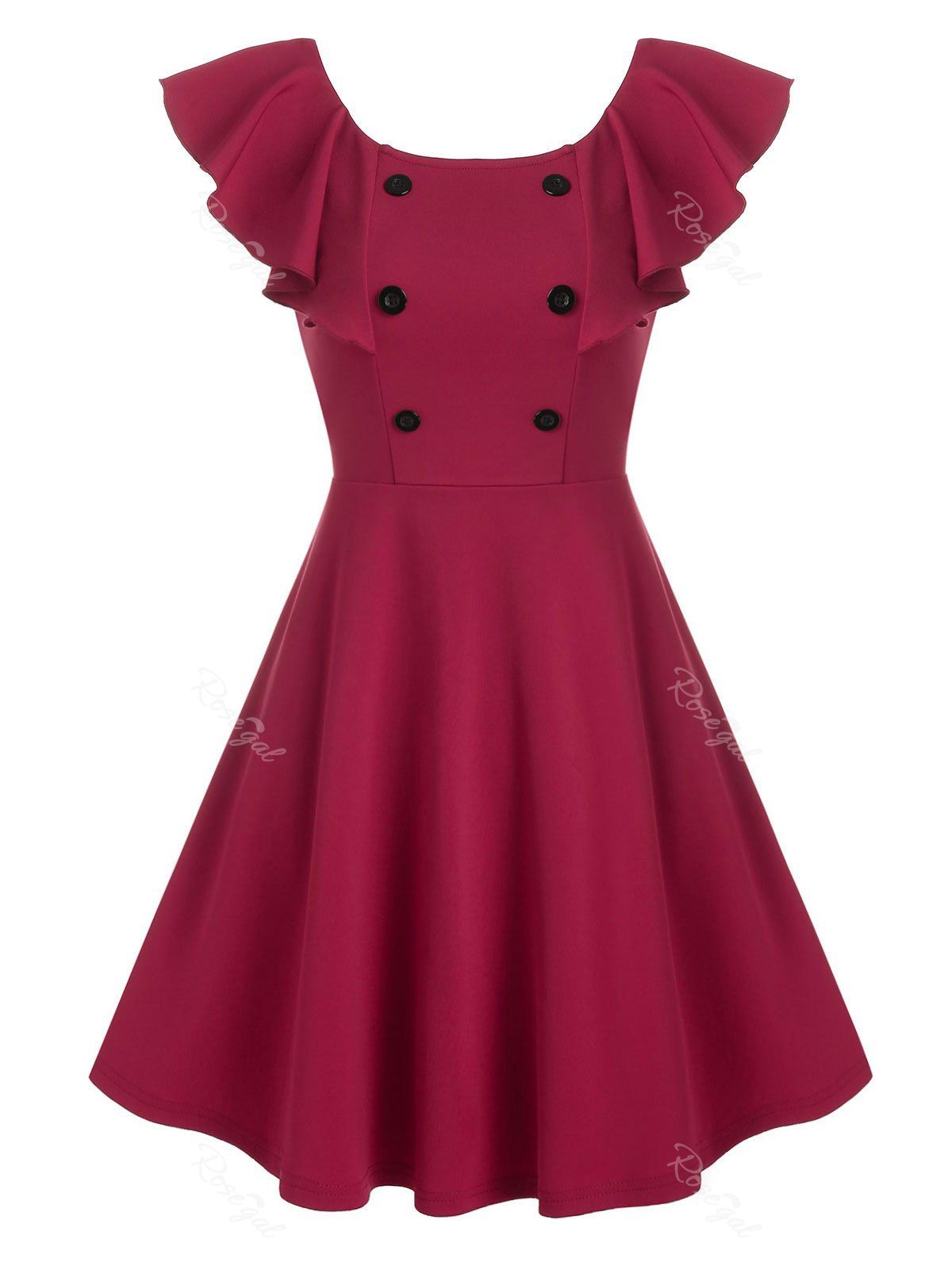 

Pure Color Mock Button Butterfly Sleeve Mini Dress, Red wine