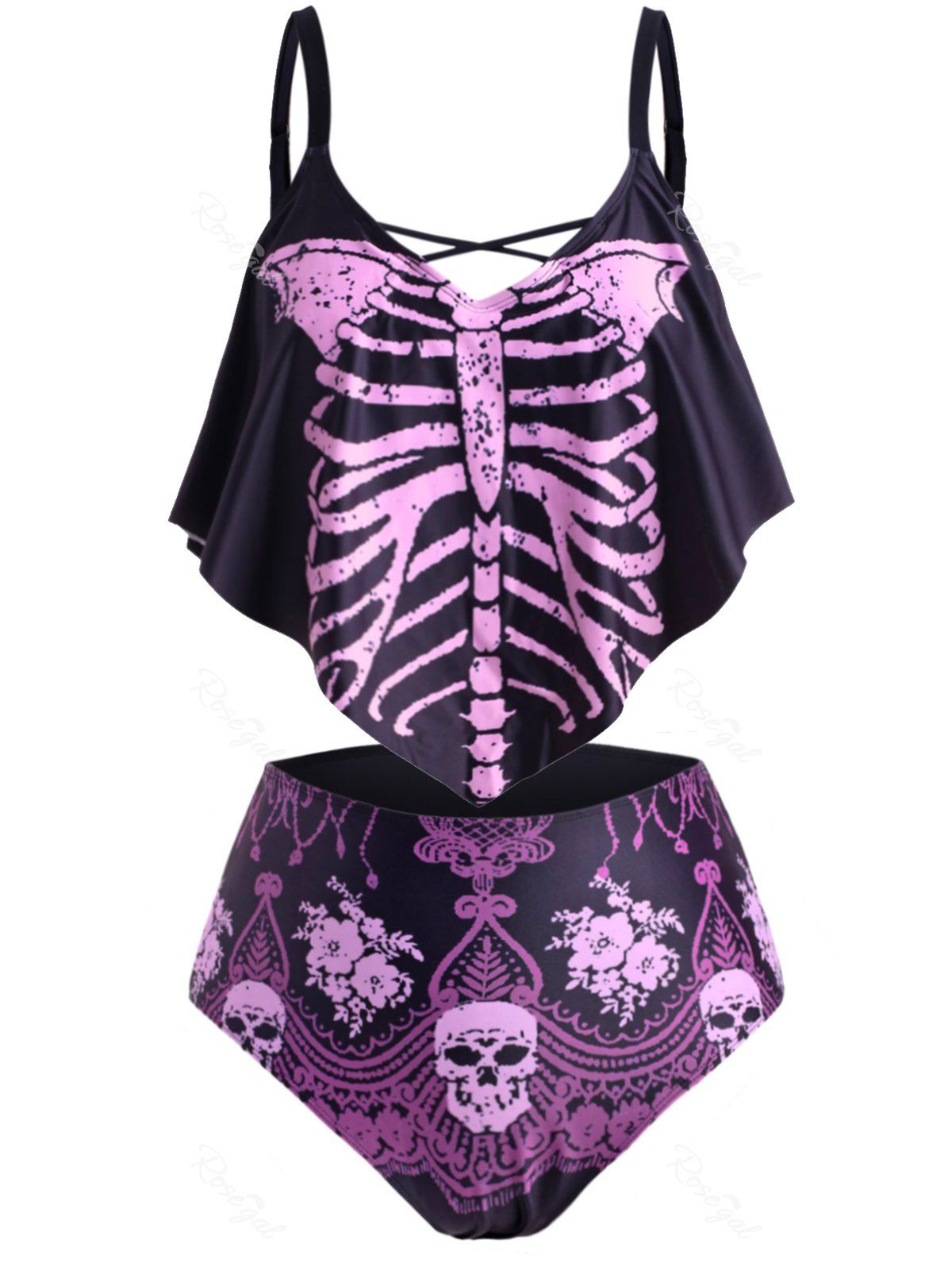 Flounces Skull Skeleton Halloween Plus Size Tankini Swimwear OFF Rosegal