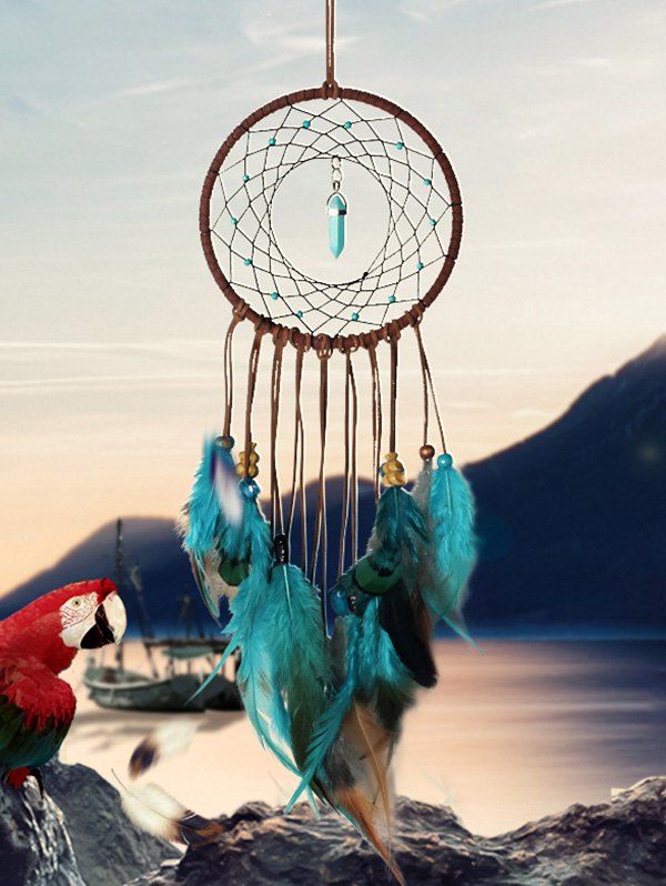 

Home Decoration Faux Turquoise Beaded Feather Dream Catcher, Multi-a