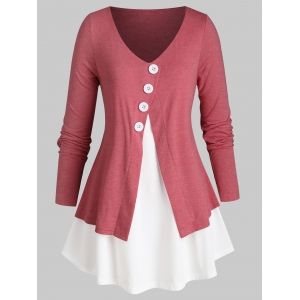 

Plus Size Two Tone Overlap Buttoned Curved Hem Tunic Tee, Valentine red