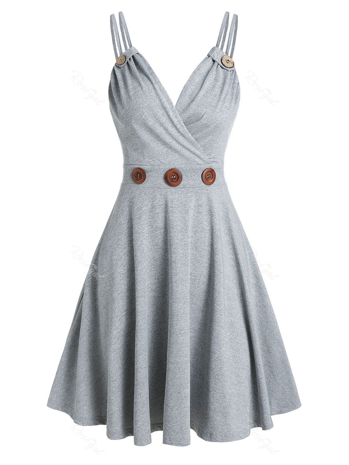 

Mock Button Strappy Flare Dress, Light gray