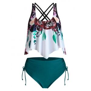 Crisscross Flower Print Cinched Tankini Swimwear, Deep green 
Crisscross Flower Print Cinched Tankini Swimwear, Deep green