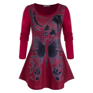 

Plus Size Round Collar Butterfly Print T-shirt, Red