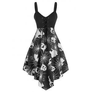 

Halloween Ghost Print Lace Up Cami Asymmetrical Dress, Black